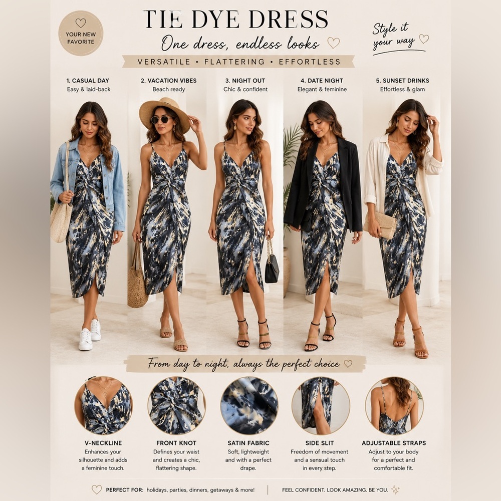 ASOS Blue Tie-Dye Satin Knot-Front Midi Dress